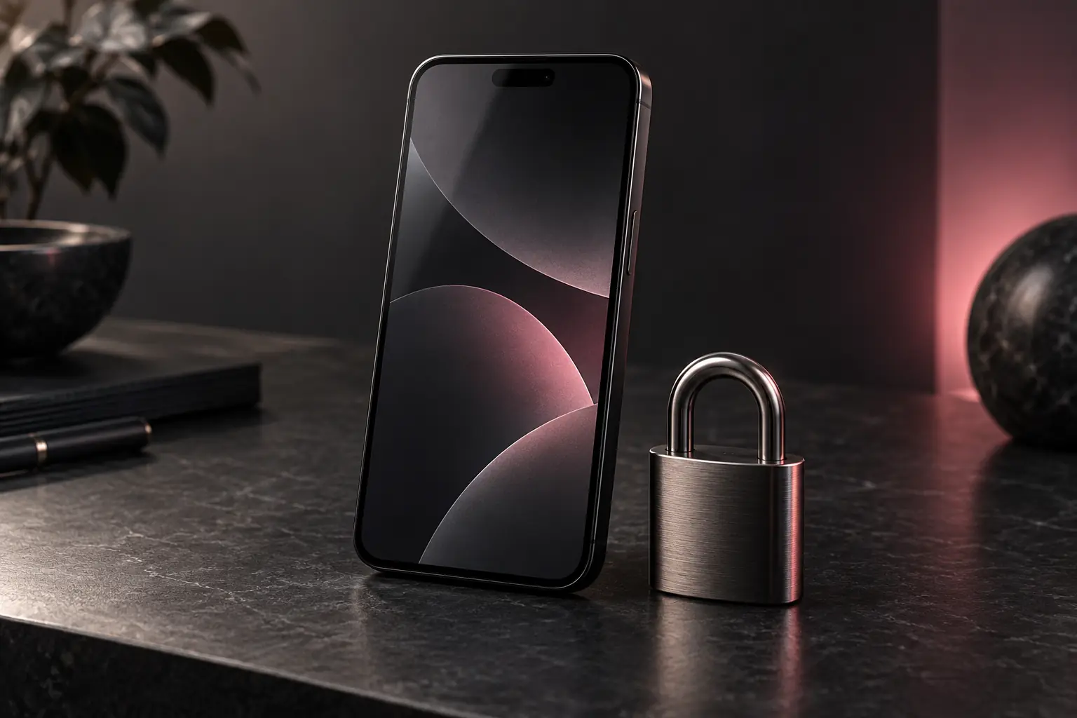 An illustrative smartphone beside a small physical padlock.