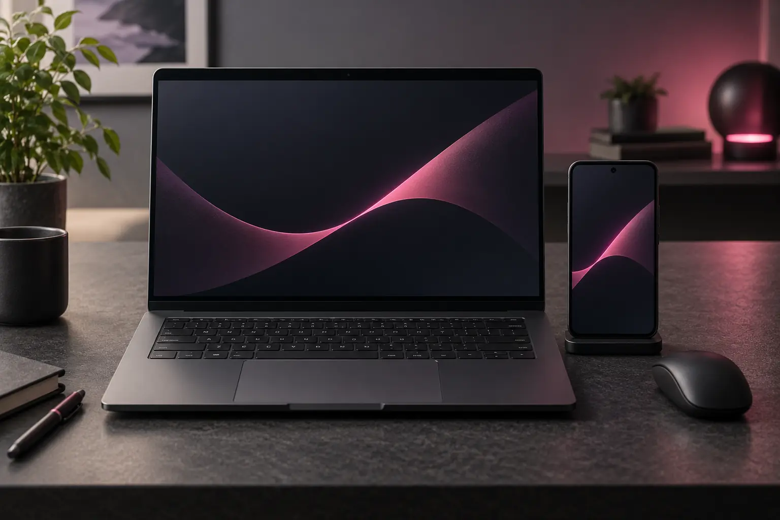 An illustrative dark laptop and phone beside it on a softly lit desk.