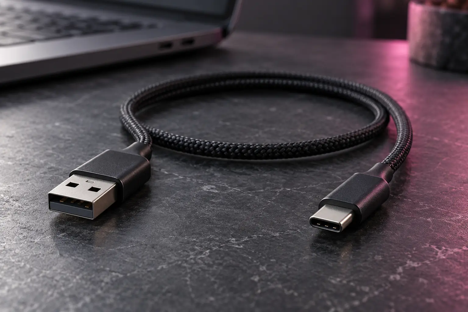 An illustrative USB-A to USB-C data cable on a charcoal desk.