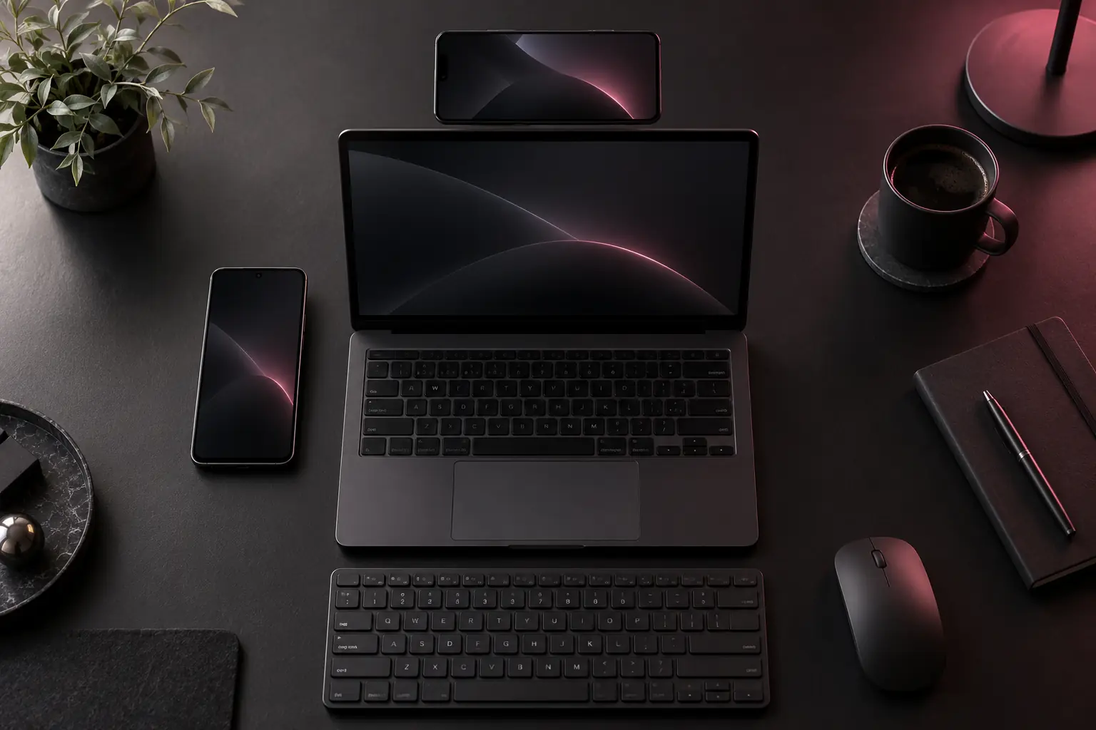 An illustrative laptop with phones placed to its left and above.